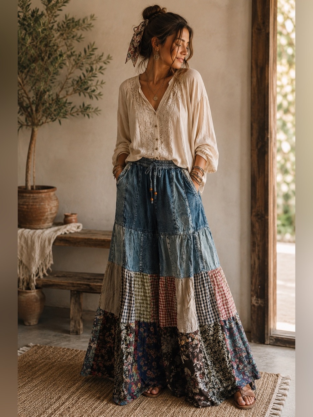 Young Threads Patchwork Wide Leg Pants NWT Large